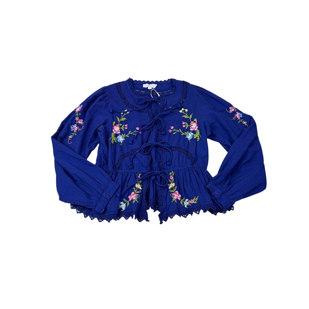 Jennifer & Grace Women’s Small Navy Floral Embroidered Lace Tie Front Top NWT